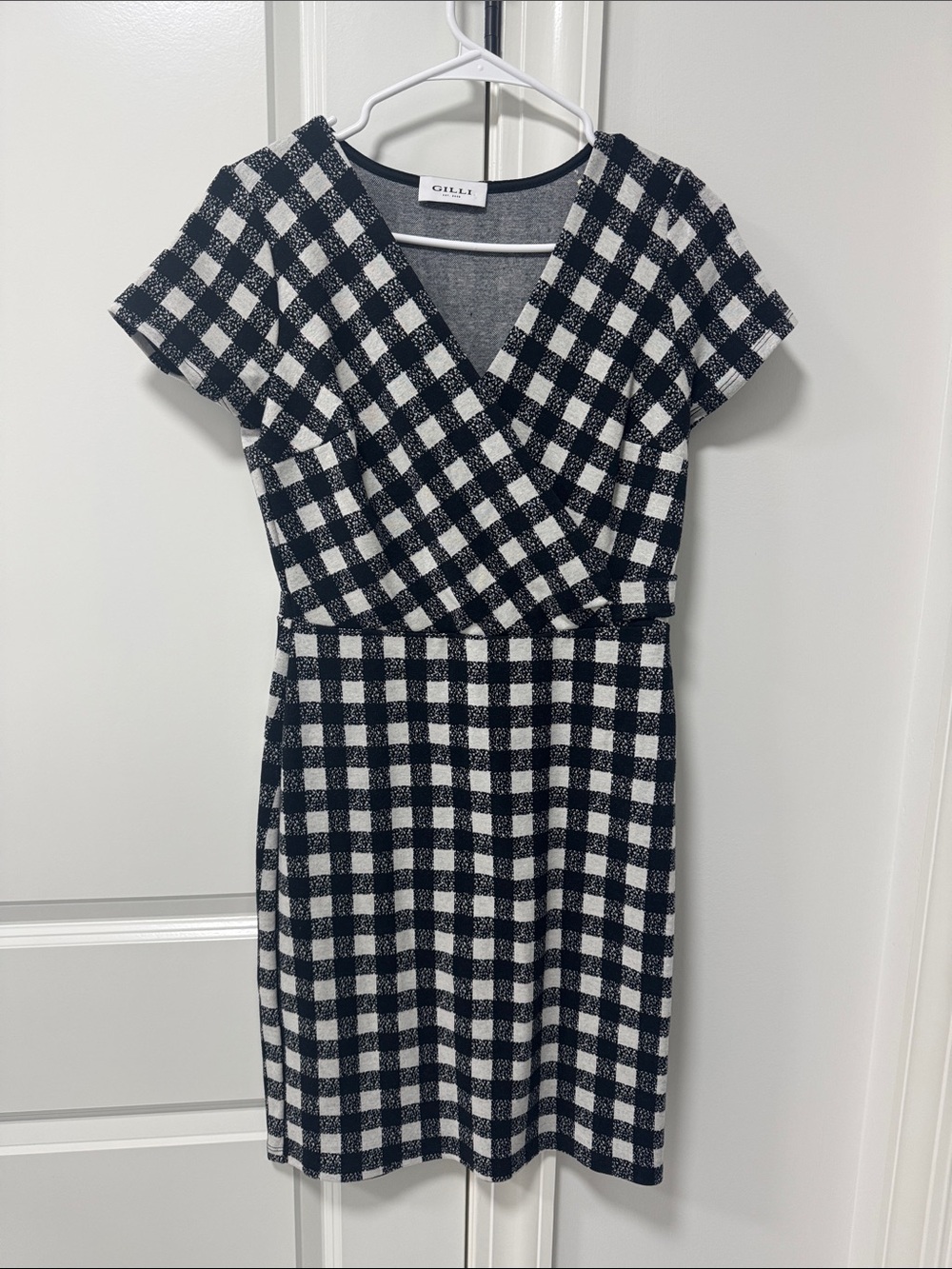 Gilli Black and White Gingham Faux-Wrap Dress